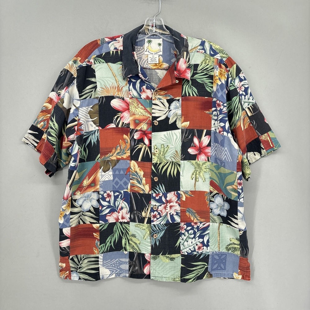 Banana Cabana Shirt Mens XL Hawaiian Silk‎ Patchwork Button Up Camp Vintage